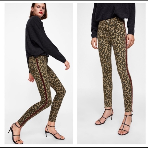 Zara Denim - ZARA leopard print skinny jeans burgundy striped